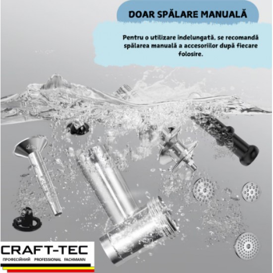 Masina de tocat carne profesionala Craft-Tec® MK-8, 2500W, 100 Kg/h, inox, reductor in baie de ulei, accesorii incluse  MX709